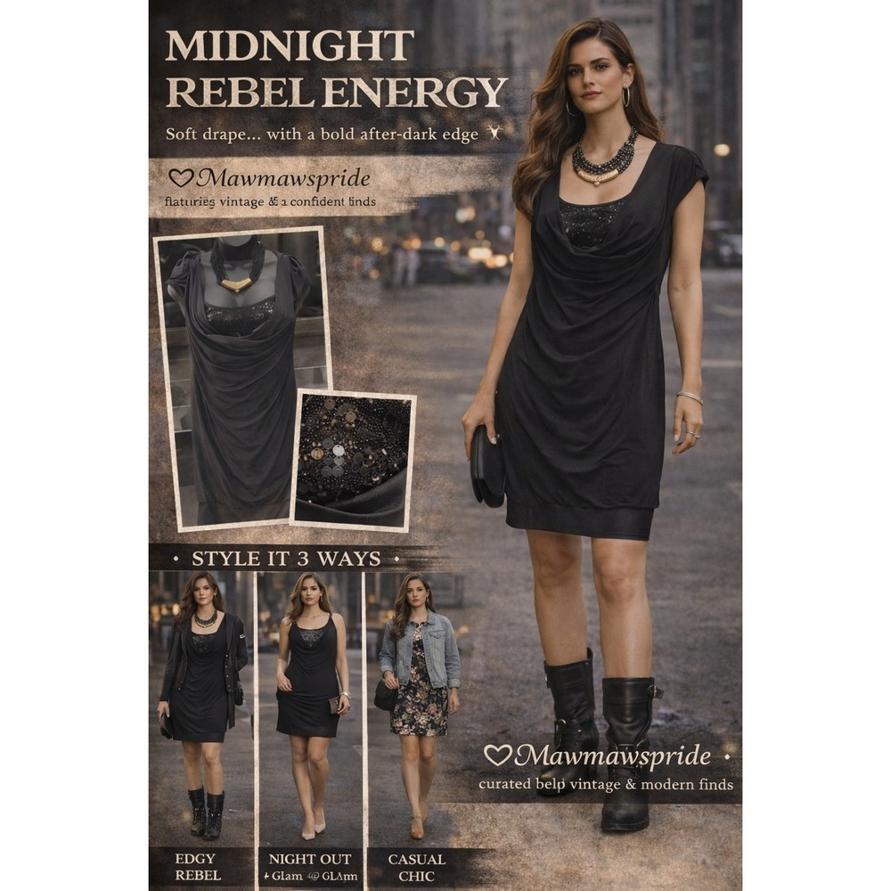 Midnight Rebel Energy Black Draped Cowl Neck Sequin Bodice Bubble Hem Dress